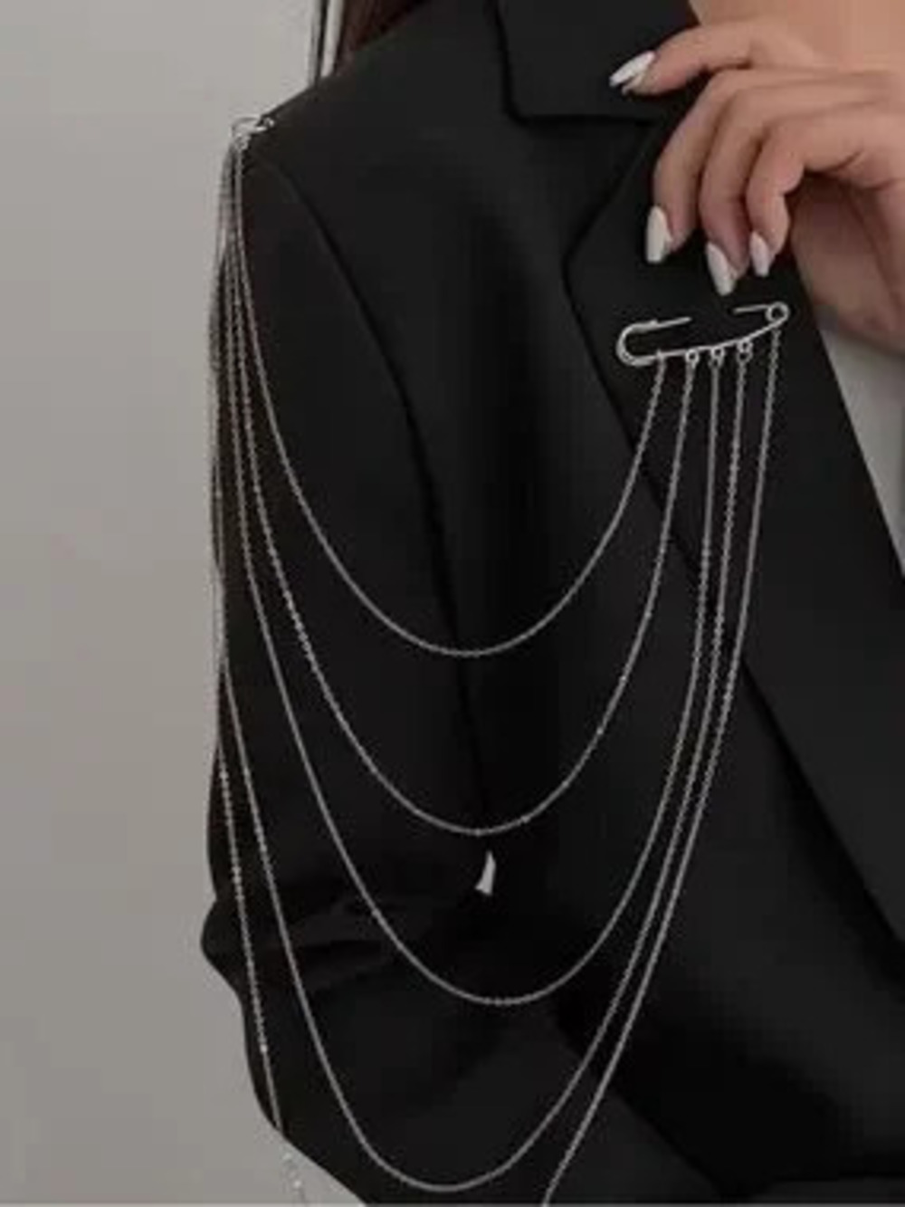 Silver Multi Layer Chain Safety Pin Brooch